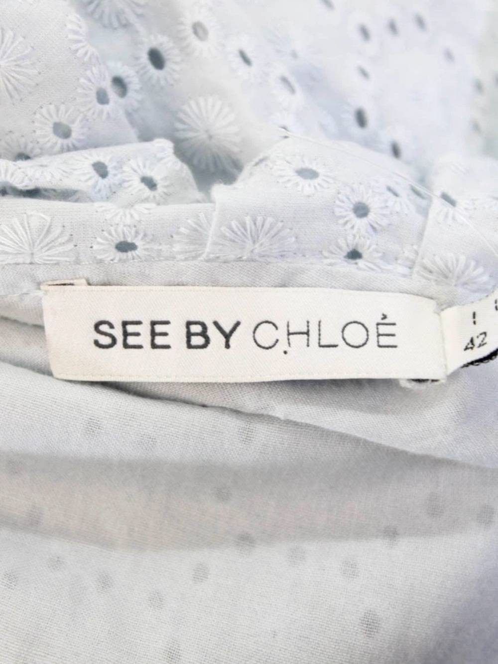 See by Chloé One-Shoulder Eyelet Dress in Pale Blue Size 6 - Picture 7 of 8